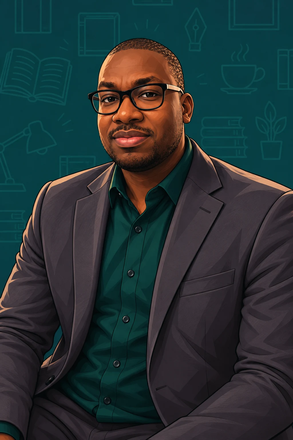 Illustrated portrait of Teejaye Deloach in a dark teal literary setting